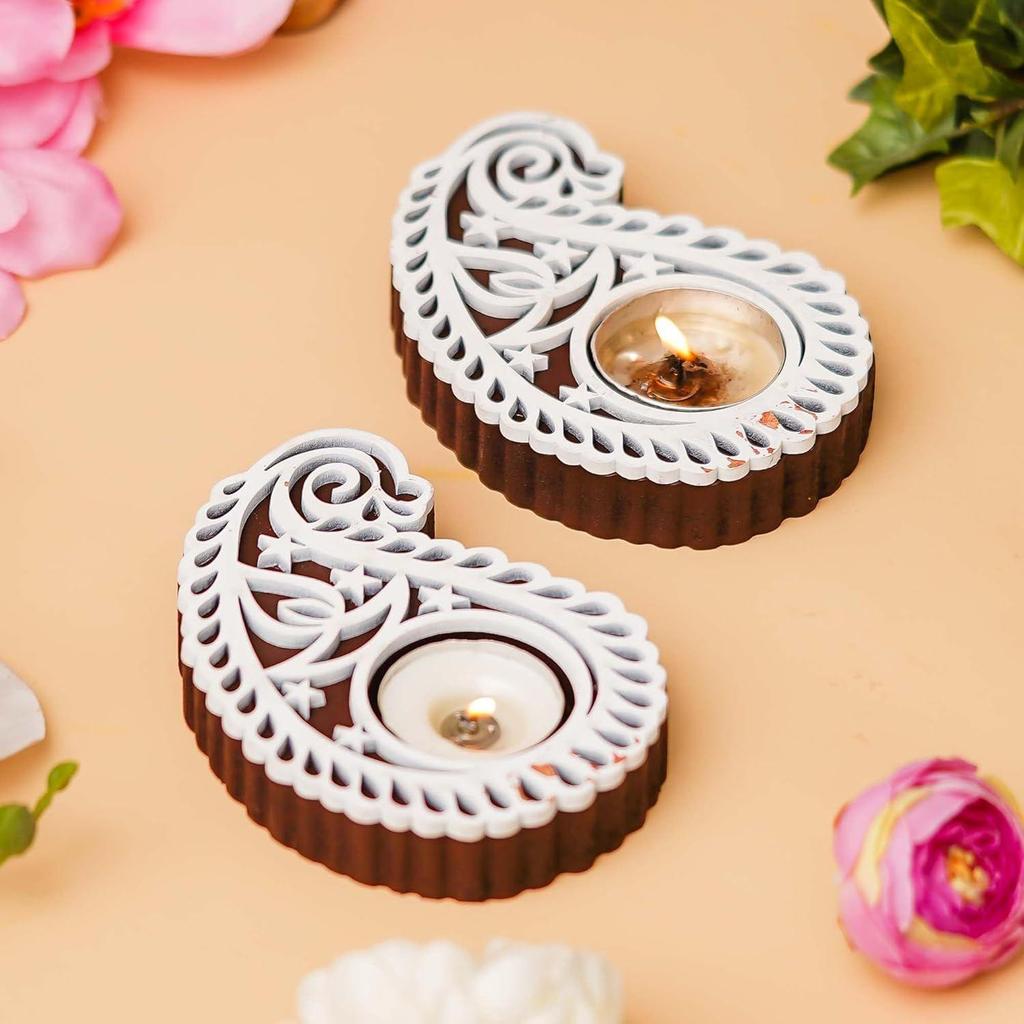Buta Or Paisley Shaped Wooden Block Print Decorative Tea Light Candle Holders, Diya Stands For Diwali | Tea Light Holders