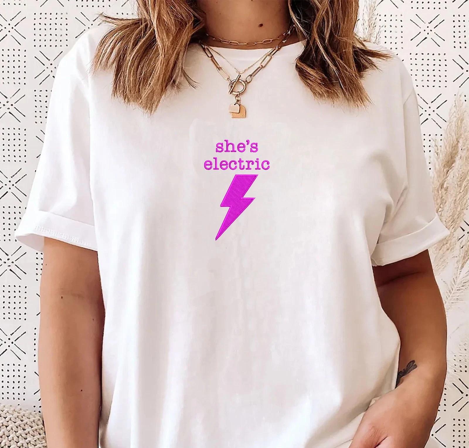 Embroidered She s Electric Tshirt, 90s BritpopInspired Shirt, Lightning Bolt Tee S