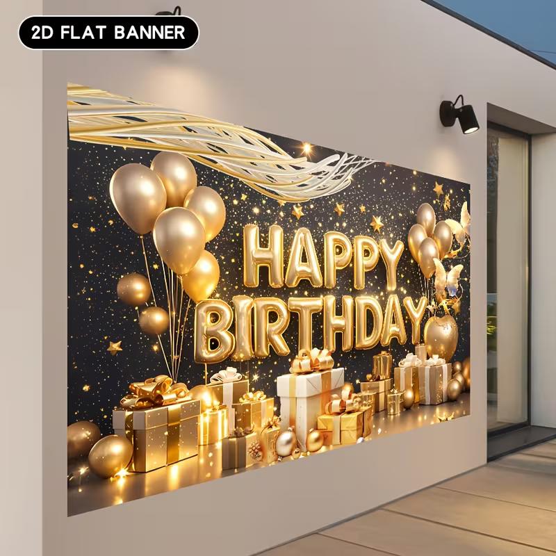 2D Flat Black Gold Birthday Backdrop Luxury Golden Theme Party Background for Photoshoot