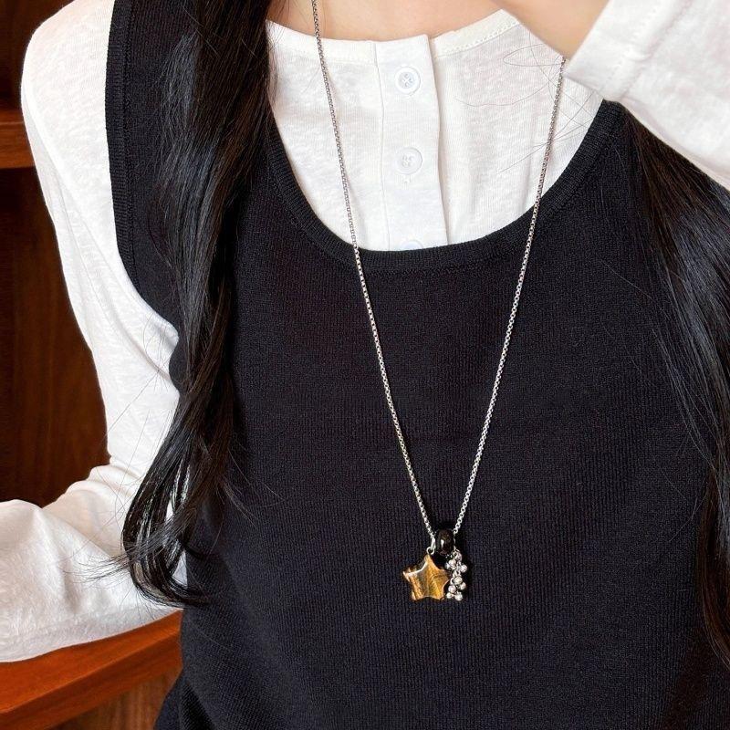 Vintage Natural Tigereye Heart Cross Beaded Necklace With Metallic Flower Pendant Women Sweater Chain Jewelry