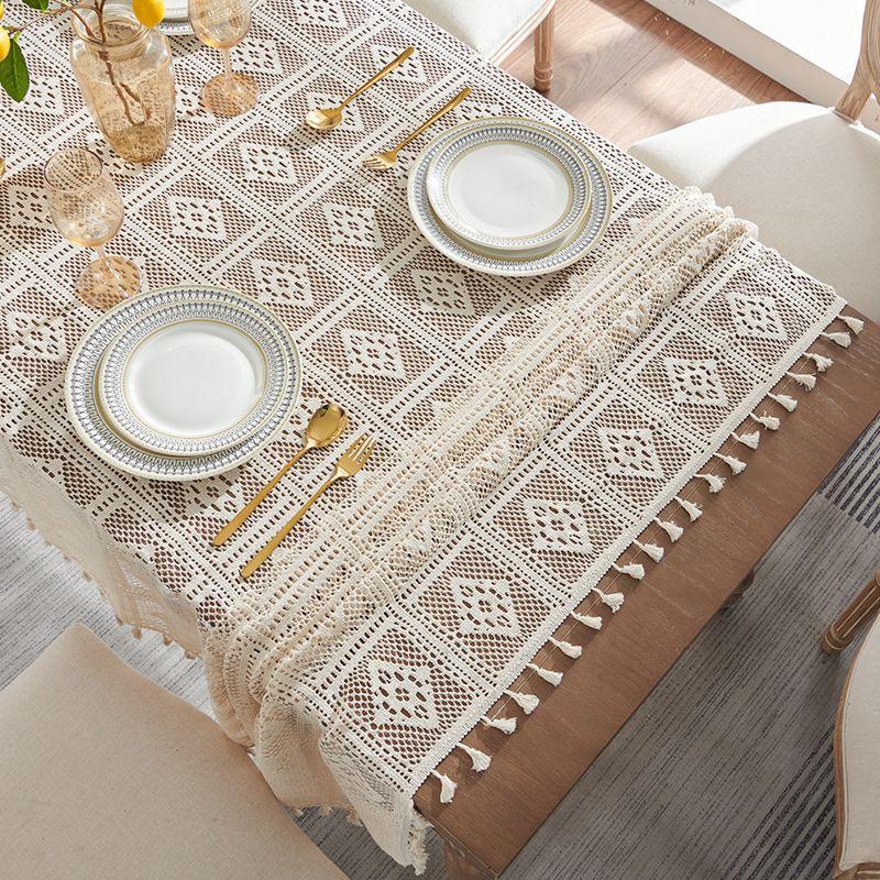 Retro Crochet Desktop Set, Countryside Style Hollow Tassel Tablecloth, Beige Fresh Square Tablecloth, Desktop, Wedding, Long Table, Dressing Table