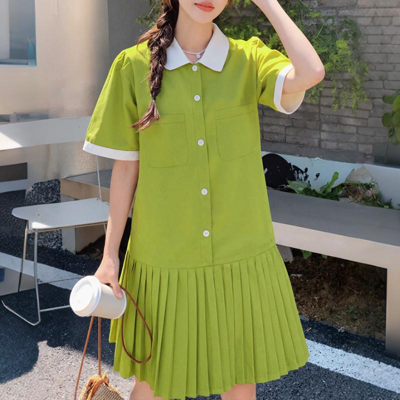 ZANZEA Women Splice Turn Down Collar Loose Casual Short Sleeve Dress S армия зеленый