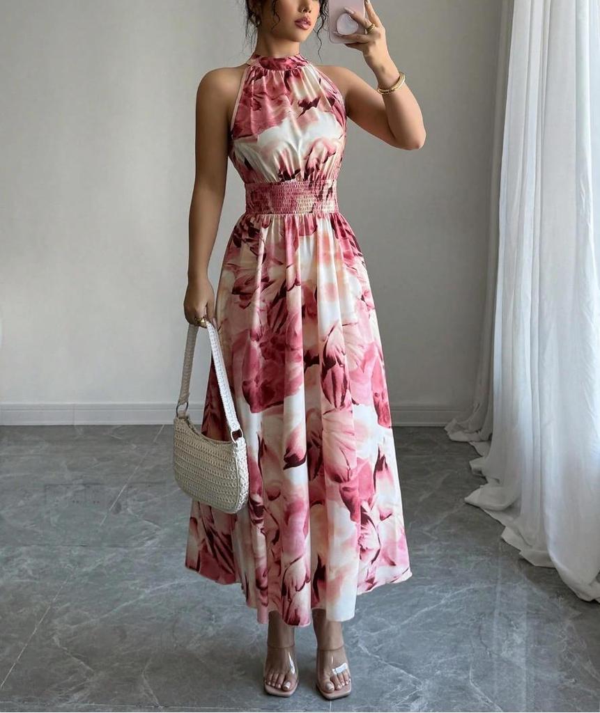 Women's Halter Neck Ruched Waist Sleeveless Ruffle Dress for Summer 2026