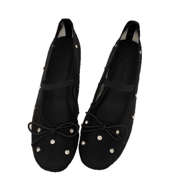 Designer Women Mesh Ballet Flats Crystal Dance Shoes Bowknot Loafers  Ladies Elastic Band Mary Janes Flat Shoes