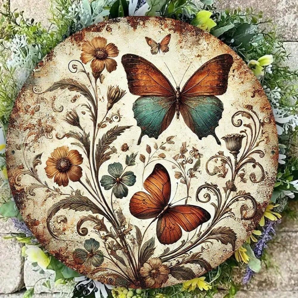 1pc Vintage Butterfly Wreath Metal Tin Sign 8x8 Inch Retro Round Wall Decor Home Kitchen Art