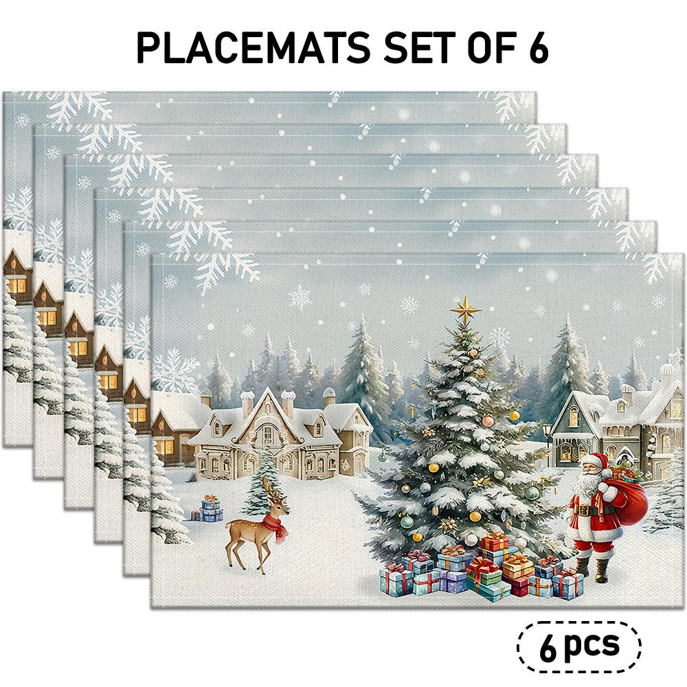 4/6pcs Christmas Theme Linen Placemats, Featuring Christmas Tree, Santa Claus, Snowy House, and Snowflake Patterns, Suitable for Holiday Table Decor,