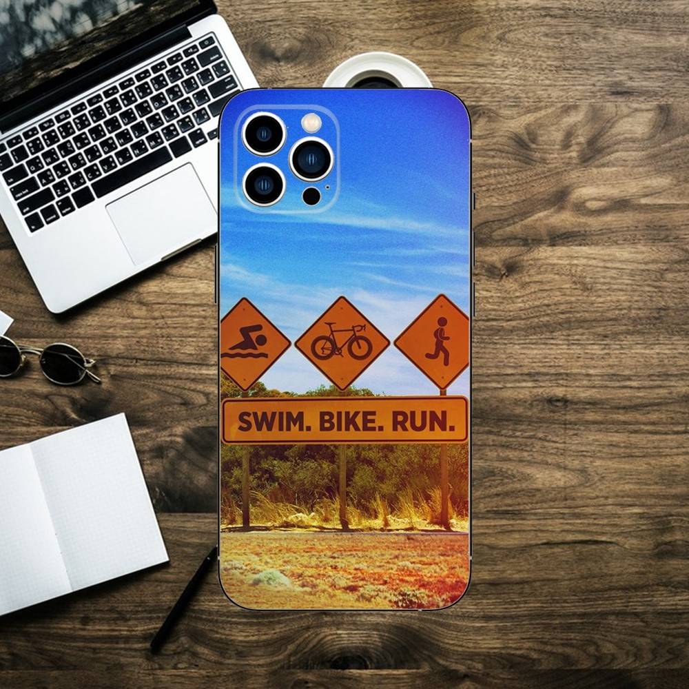 Schwimm Radlauf Triathlon Handyhülle Für iPhone 16,15,14,13,12,11,XS,XR,X,8,7,Pro,Max,Plus,mini Silikon Schwarze Hülle