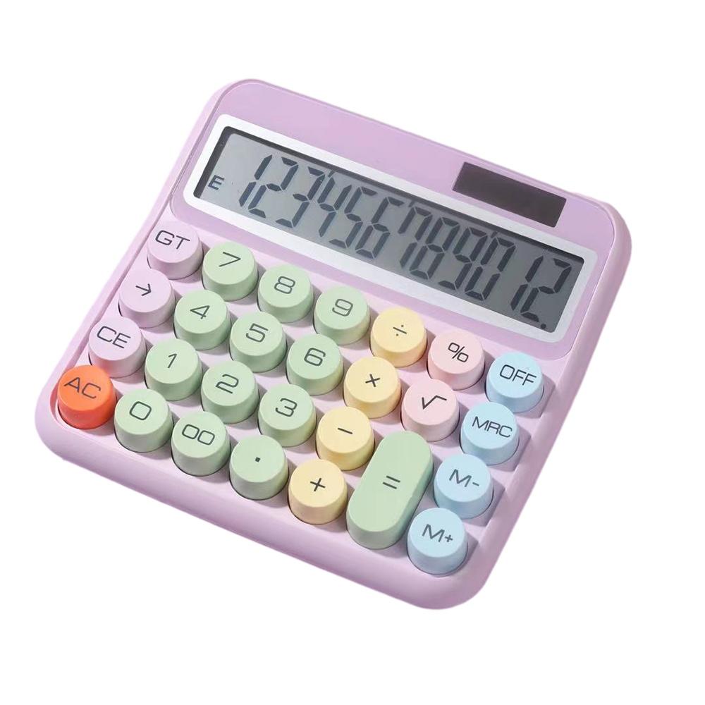 Mechanical Calculator 12 Digit Large LCD Display Big Round Button 15 degrees Tilt Screen Cute Candy Colored Dual Power