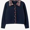 Fake Two-piece Plaid Splicing Neck Sweater Jacket Spring and Autumn New Gray College Loose Knitted Cardigan