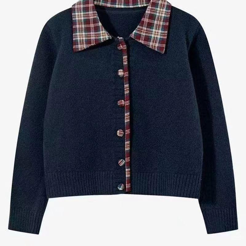 Fake Two-piece Plaid Splicing Neck Sweater Jacket Spring and Autumn New Gray College Loose Knitted Cardigan