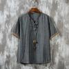 Camiseta de Linho Masculina Manga Curta Solta Estilo Chinês Masculina Bordada Fina Casual Fecho de Botão de Disco Top Retrô de Algodão e Linho