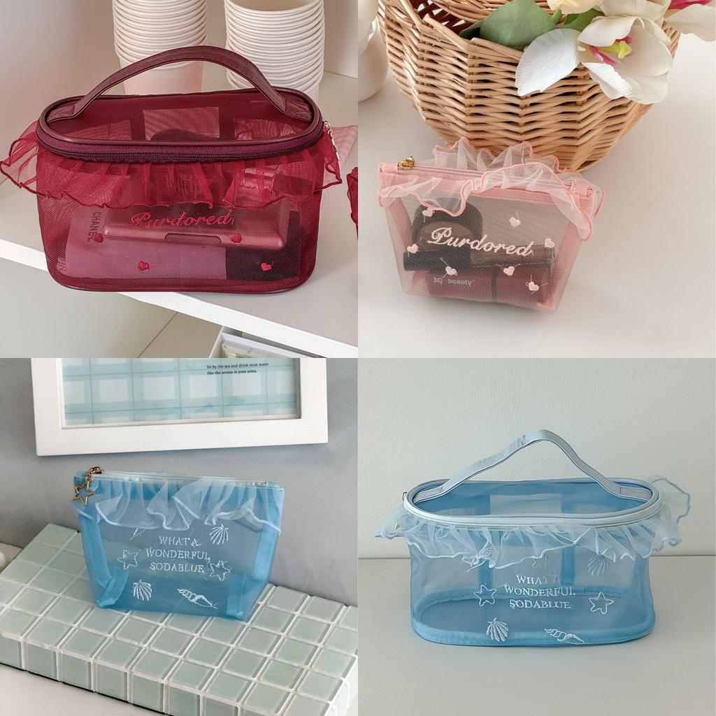 Stylish Ocean Blue Mesh Cosmetic Bag For Girls With Embroidery And Breathable Design