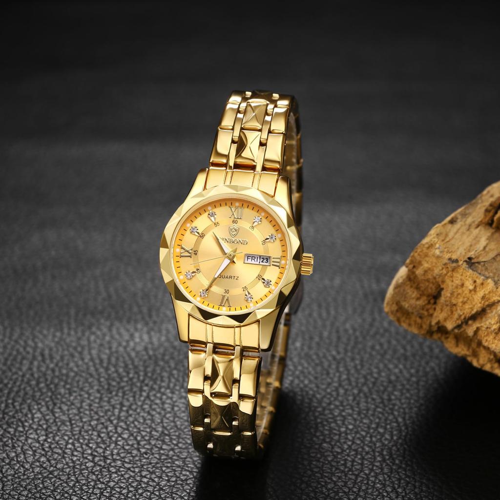 Waterproof and Rainproof Wristwatch with Luminous Round Stainless Steel Calendar Gold and Gold Perfect for Business or Formal This Pair Watch Features