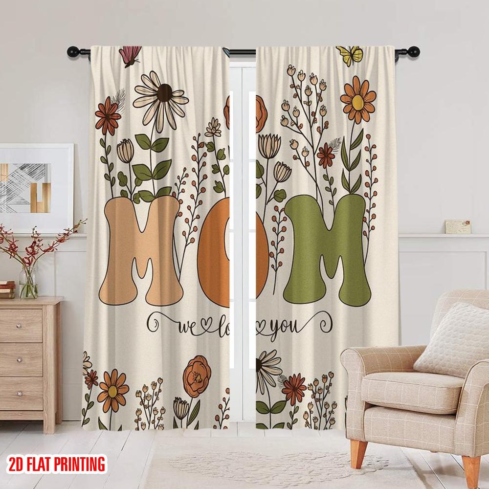 2pcs,2D Plane Printing Window Curtain Floral Love for Mom Durable Polyester (without Rod) Gifts for Living Room & Office Decor
