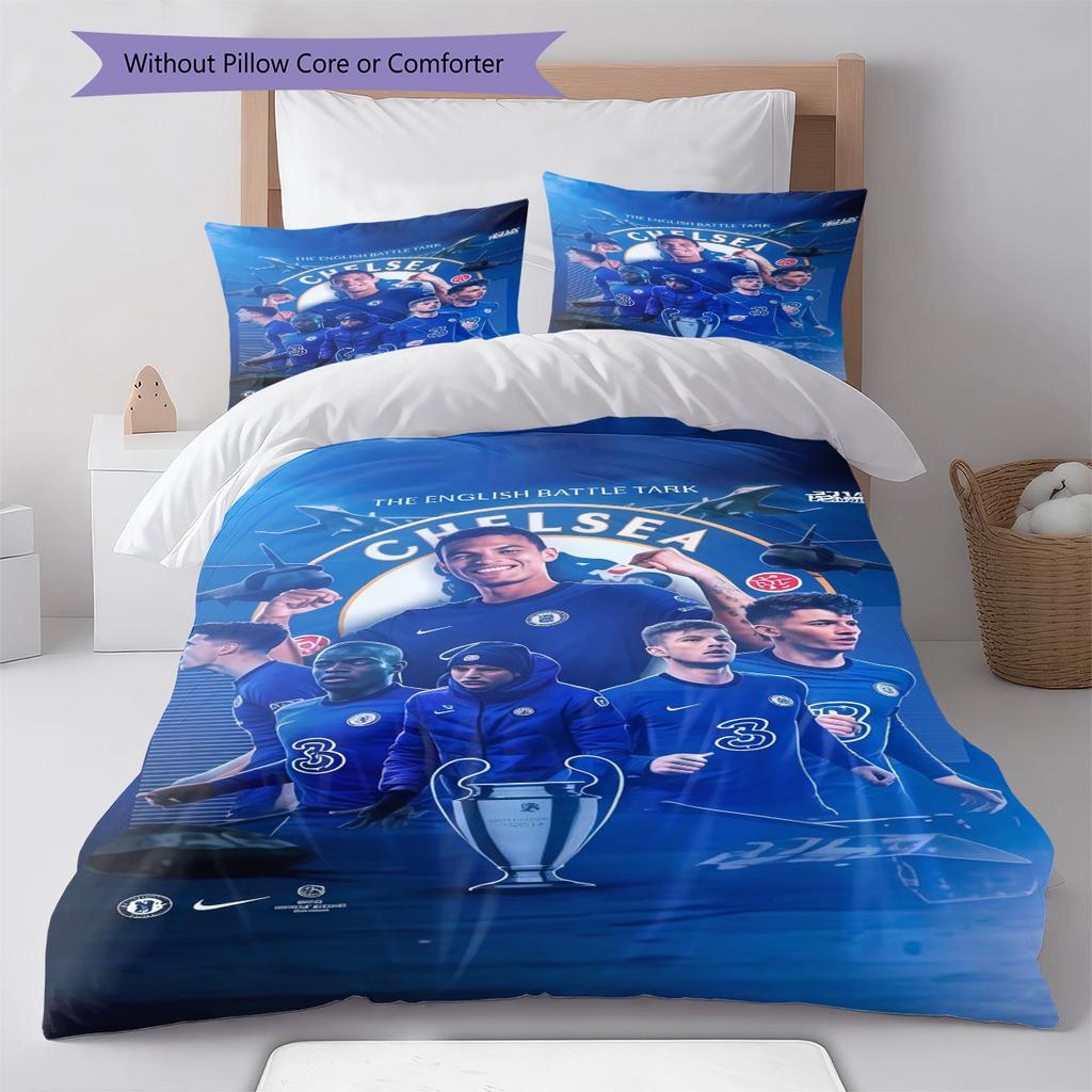 Chelsea FC Muster Bettwäsche Steppdecke Set Bettbezug Kissenbezug Heimdekoration Geburtstagsgeschenk (1 Bettbezug + 2 Kissenbezüge, ohne Füllung)