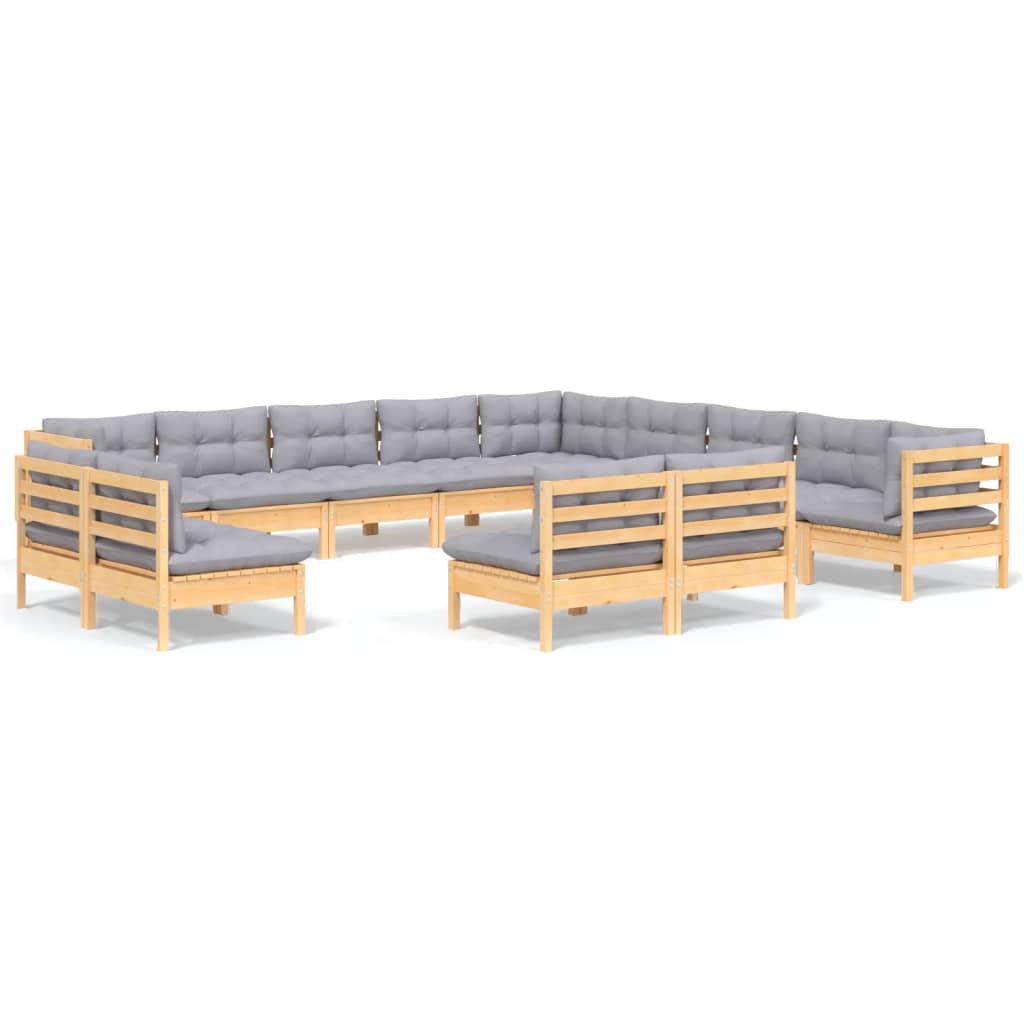 13 piece Garden Lounge Set with Grey Cushions Solid Pine Wood