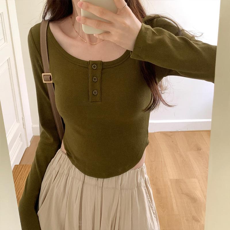 Design Niche White Short Bottoming Shirt for Women Autumn New Long-sleeved T-shirt Clavicle Hot Girl Top