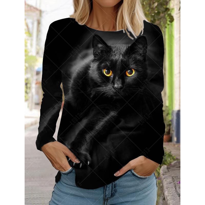 

2024 Модные женские футболки с 3D-принтом, кавайными рисунками кошек, длинными рукавами, круглым вырезом, стандартным кроем, весна/осень, забавная спортивная одежда 8XL