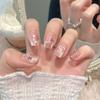 Yihe Gentle Blush Gradient Ice Cat Eye Nails with Rhinestones & Bow