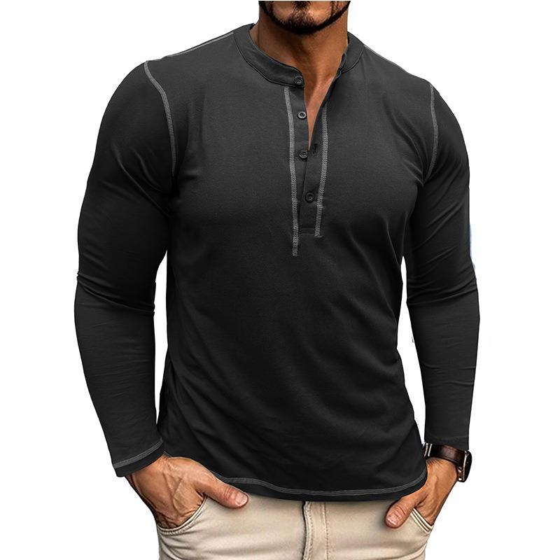 Mens Vintage Color Block Long Sleeve Crew Neck Henley T Shirt Casual Top