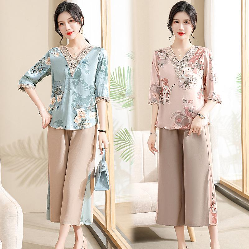2026 Summer Chiffon Top Set for Stylish Middle-Aged and Elderly Mothers (Short/Mid-Sleeve)