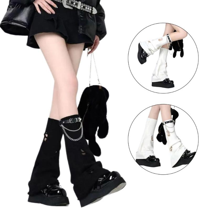 Gothic Punk Ripped Hole Knit Leg Warmers Sleeve with Chain Leather Buckled Belt Flared Boot Covers Long Socks for Women