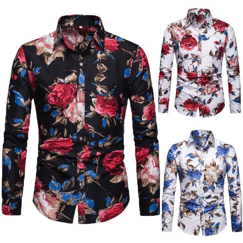 Men's Plus Size Long-sleeved Casual Floral Shirt.