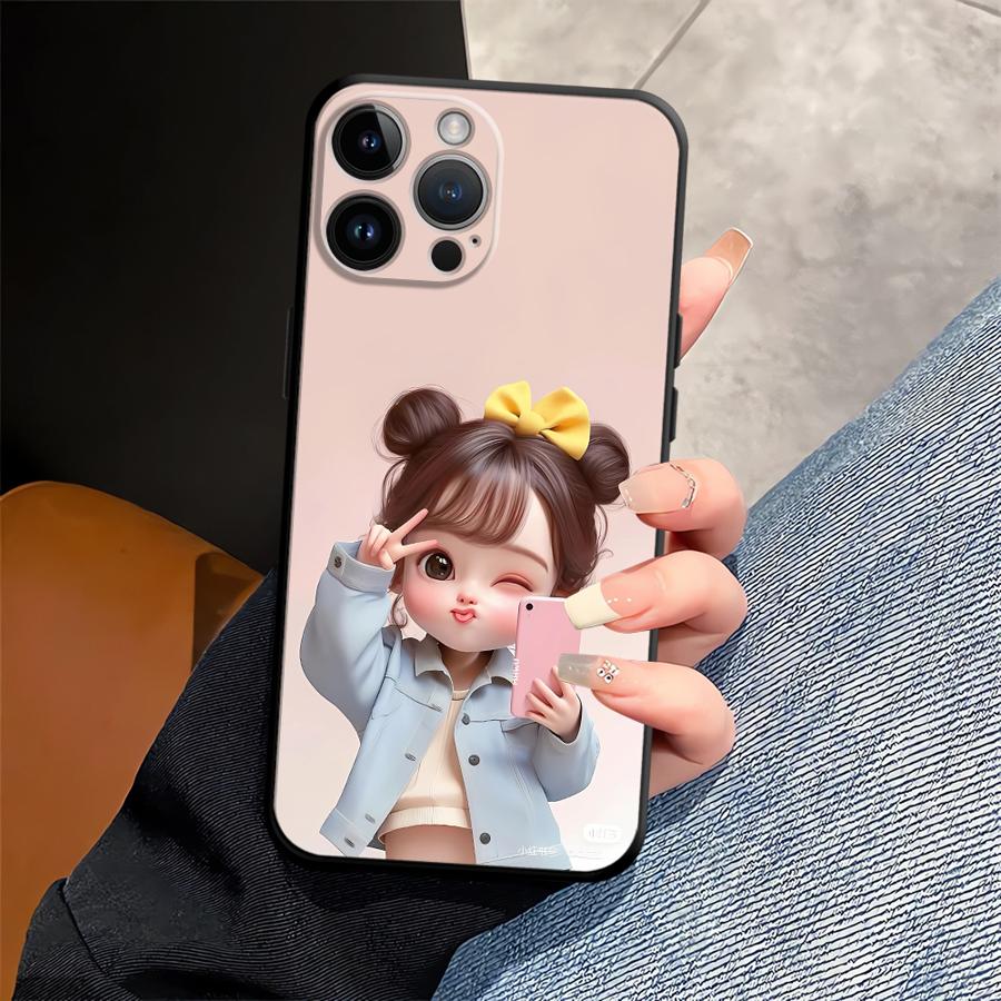 Cartoon Cute Girl Case for iPhone 7 8 15 16 14 Plus Air XS Max XR 13 12 11 17 Pro Max Black Soft Phone Cover