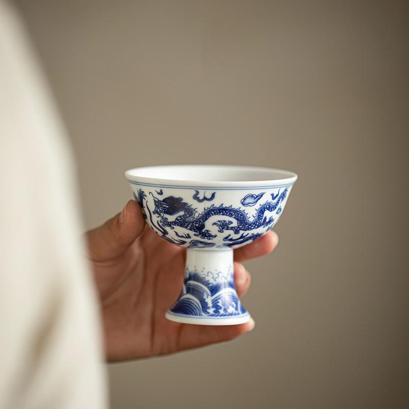 Blue and White Dragon Pattern Master Cup Ceramic High Foot Cup Tea Cup High-end Personal Use Single Kung Fu Tea Set Tea Bowl