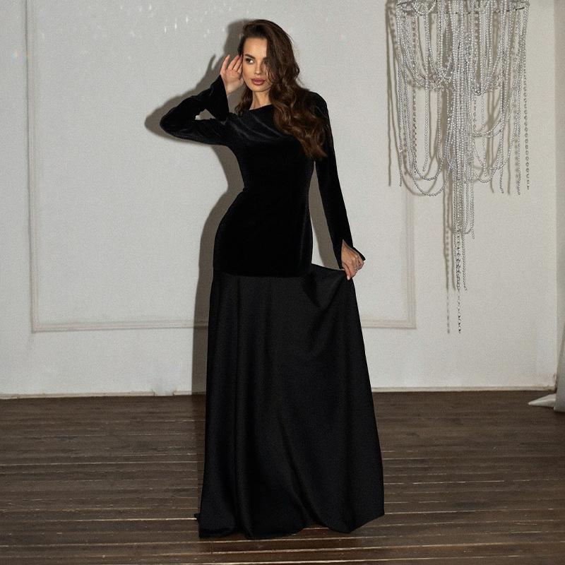 2025 Spring Women's Long Sleeve Round Neck Patchwork Dress - Solid Color