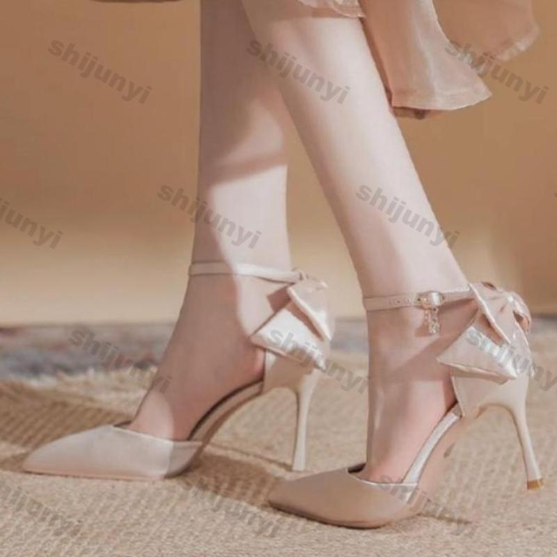 Fashion Women Elegant Nude High Heels Pumps Shallow Mouth Slip on Stiletto High Heel Shoes Woman Sexy Bows Point Toe Party Banquet Shoes