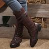 Fashion Autumn and Winter New Colorblocking Leather Boots for Women Round Head Belt Buckle Lace-up Thick Heel Mid-calf Knight Boots