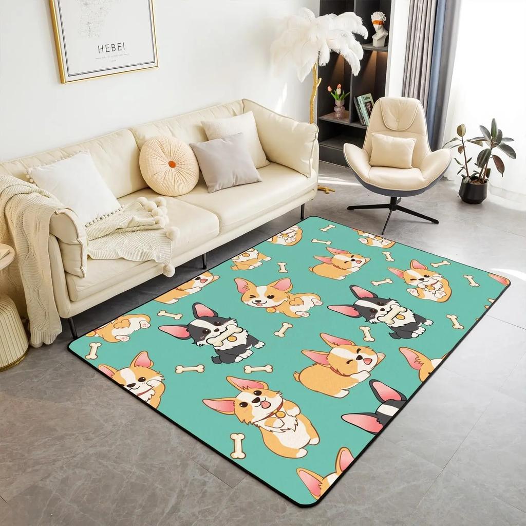 Cute Dog Print Area Rug Cartoon Corgi Pet Bones Living Room Rugs Playmat Lovely Puppy Animals Decorative Rug Indoor Floor Mat