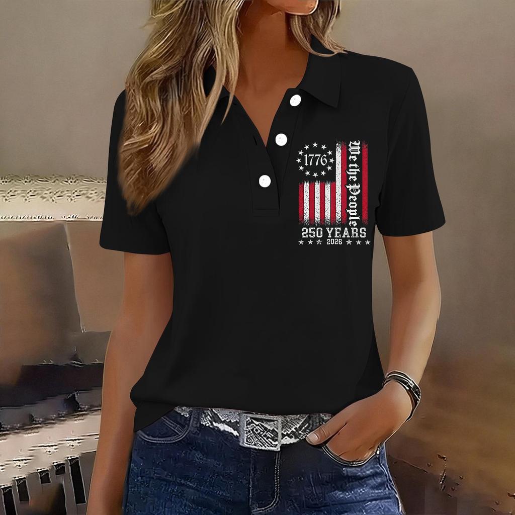 Damen Casual Knopf Kurzarm Poloshirt 250. Jubiläum Aufdruck Oberteil Unabhängigkeitstag Stil Leichtes Weiches Gewebe
