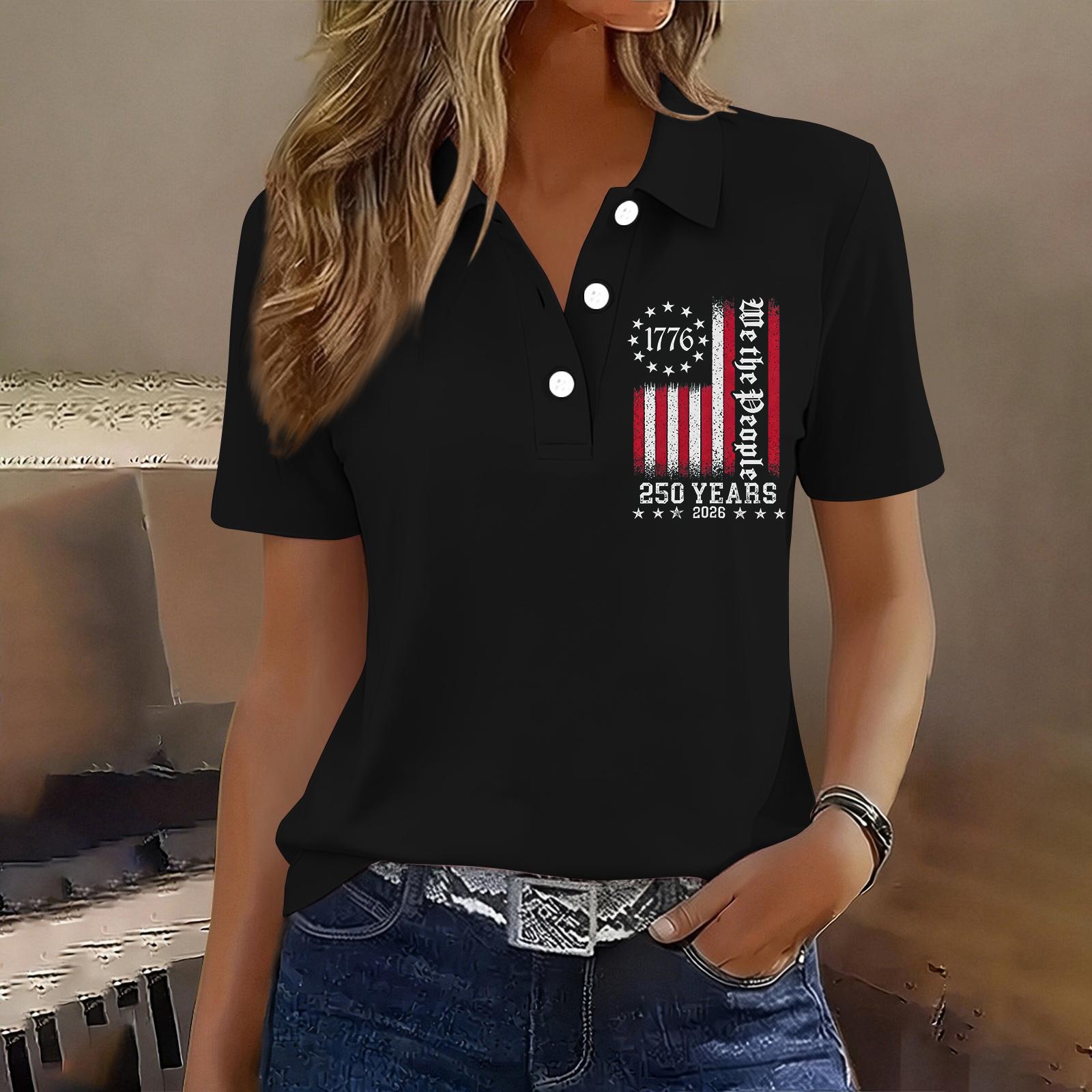 

Women s Casual Button Short Sleeve Polo Shirt 250th Anniversary Printed Top Independence Day Style Lightweight Soft Fabric XXXL чёрный