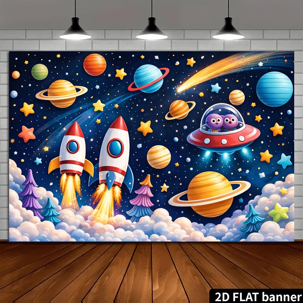 2D plane cartoon background with double rocket flying saucer. Deep blue sky, double rockets, planets, flying saucer,DJH