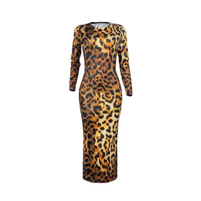 Women's Fashion Sexy Spring/Autumn O-neck Long Sleeve Leopard Print Bodycon Midi Dress