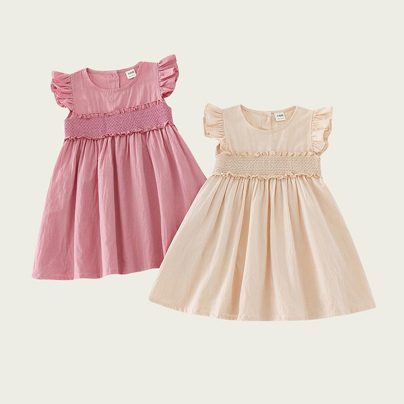 Girls Summer Solid Smocked Short Sleeve Dress Casual Children Cotton Blend A Line Sundress For Kids
