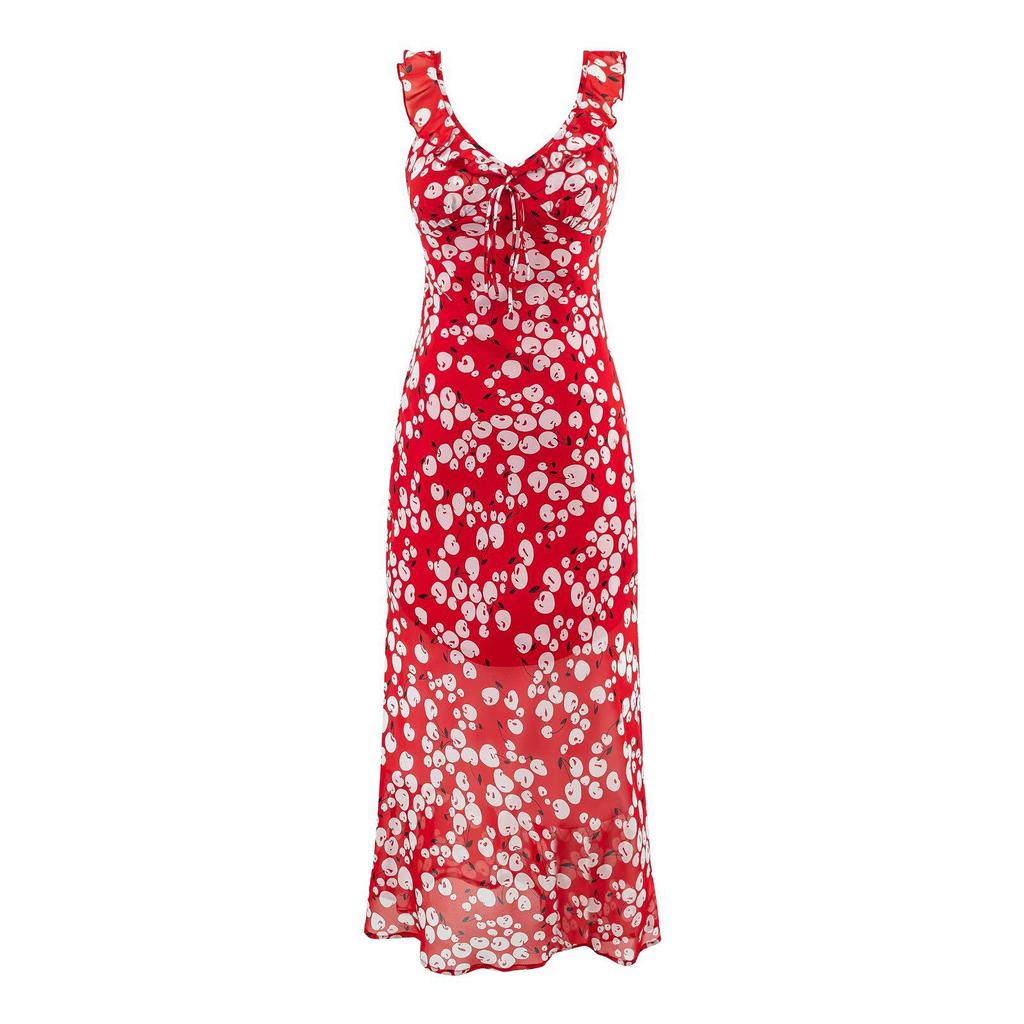 2025 European Style Red Printed Ruffle Tea Dress