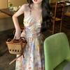 2025 French Retro Floral Halter Sundress: Women's Summer Backless Waist-Hugging Long Dress