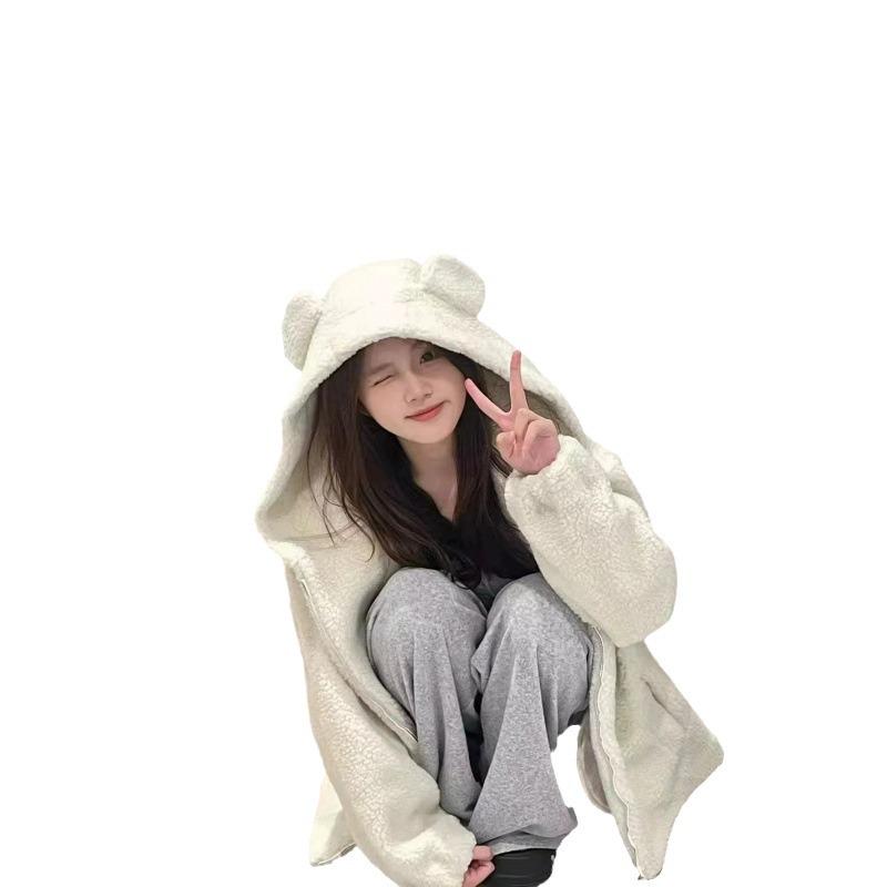 Slightly Plump Plus Size Lambswool Teddy Bear Coat with Black Bear Ears - Thick Fluffy Hooded Overcoat for Autumn and Winter