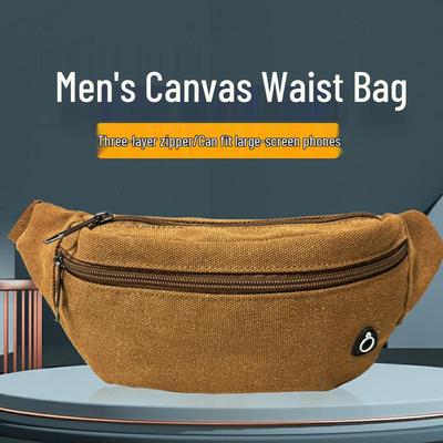 Men's Outdoor Sports Canvas Waist Bag: Solid Color, Multi-Compartment, Wear-Resistant, Thickened, Portable Coin Purse, Three-Layer Design.