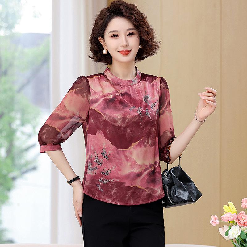 

Весенняя шифоновая блузка с рукавом средней длины 2025: Элегантная мода для женщин среднего и пожилого возраста 2XL (suggested 54-60 kg) красный