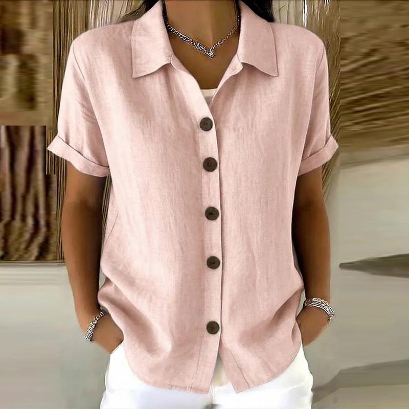Women's Elegant Summer Cotton Linen Tops Short Sleeve Lapel Button Up Solid Color Loose Shirt Women Casual Blouse Cardigan Tops