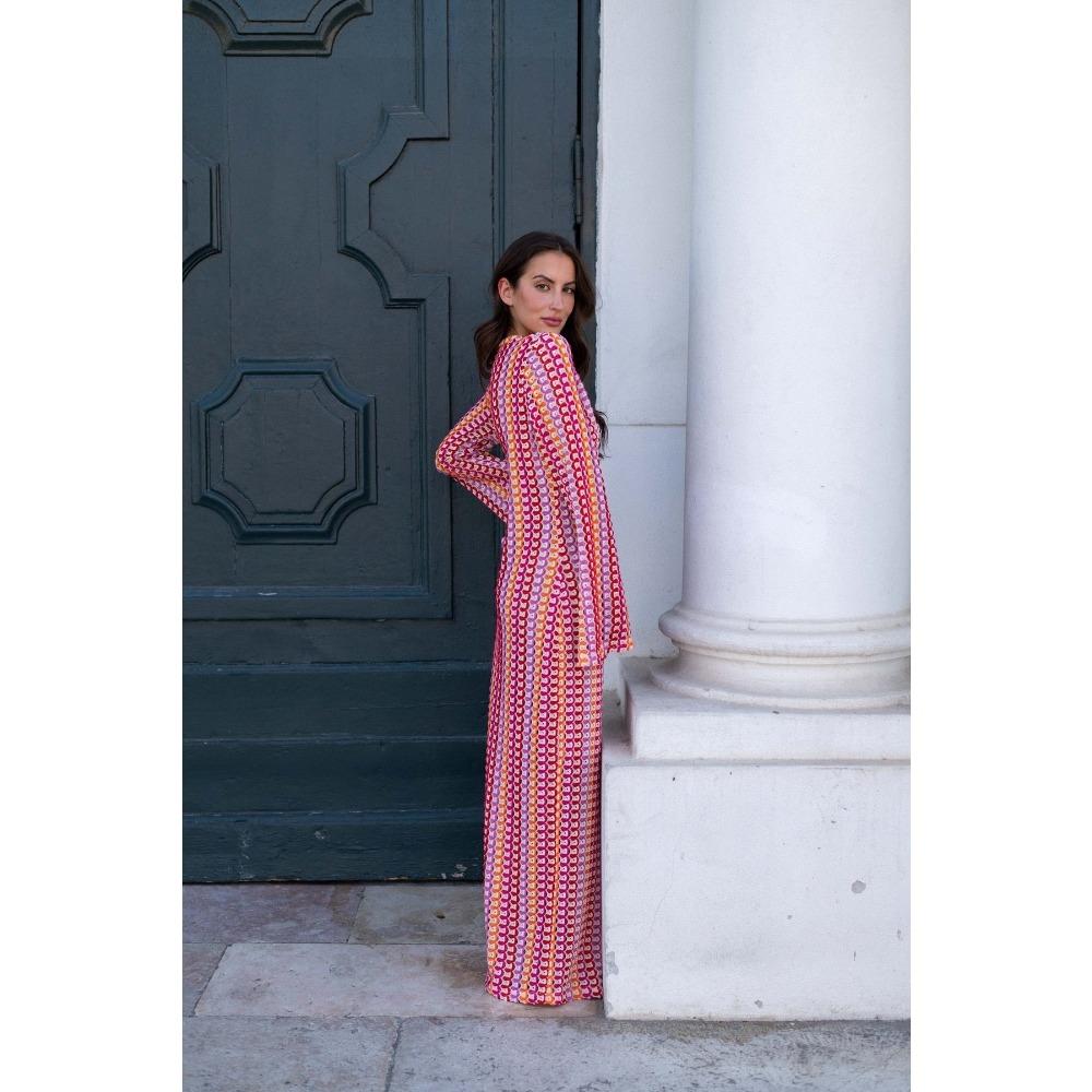 Crochet Colorful Stripe Maxi Dress Women Flare Sleeve V-neck High Split Sexy Long Dresses Beach Banquet Vestidos