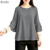ZANZEA Women Casual Round Neck 3/4 Sleeve Embroidery Print Loose Blouse Ruffles 