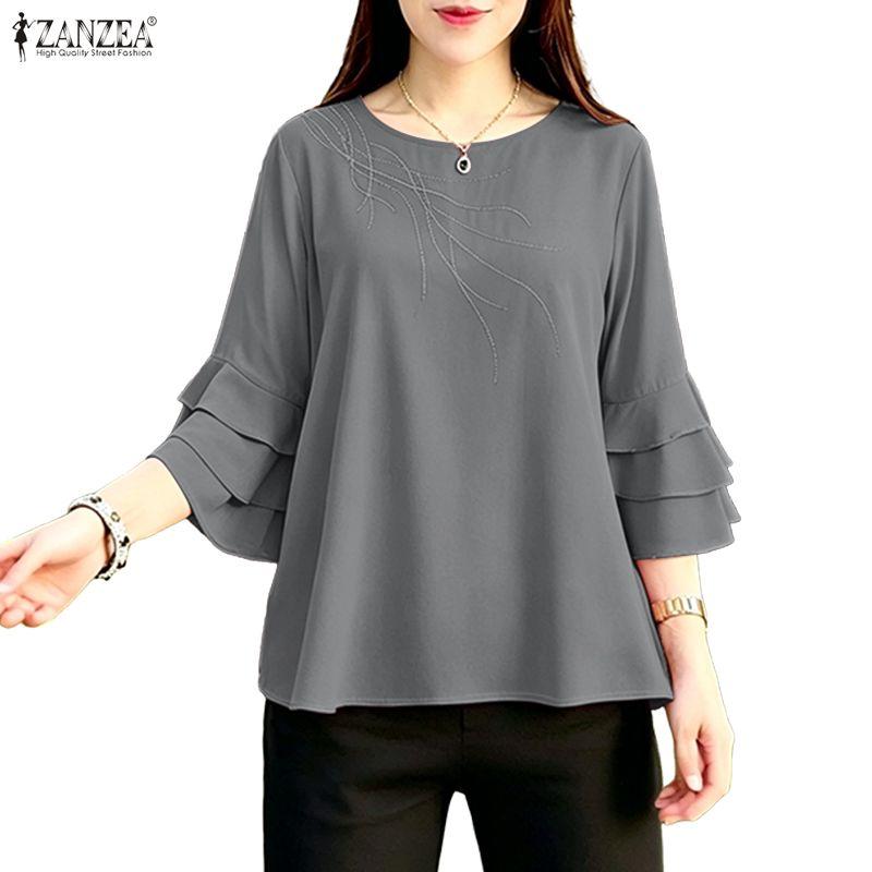 ZANZEA Women Casual Round Neck 3/4 Sleeve Embroidery Print Loose Blouse Ruffles 