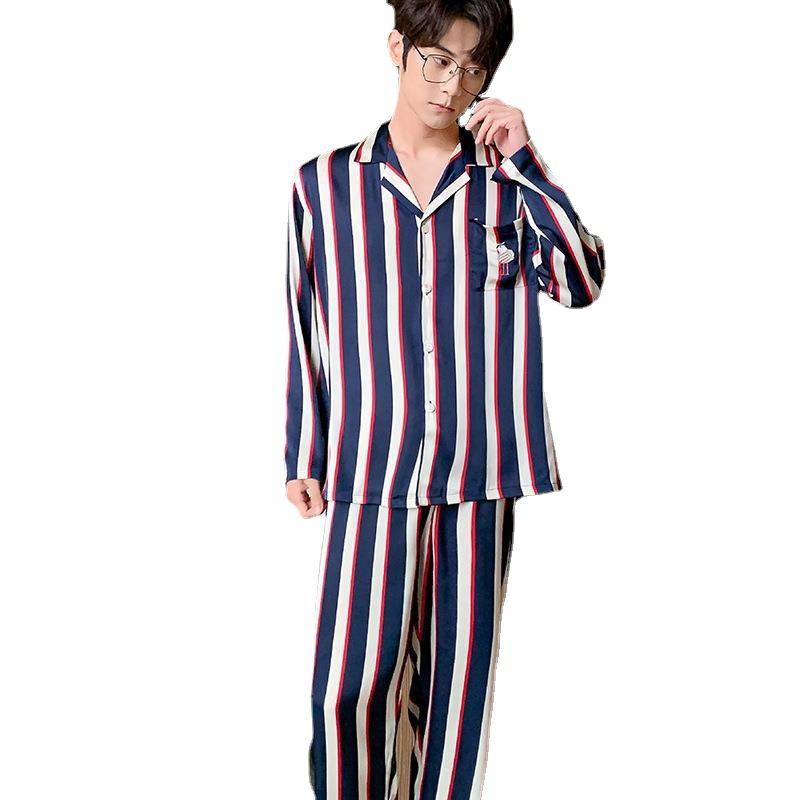 Couple pajamas ice silk women's spring and autumn long-sleeved striped cartoon thin loungewear men's silk suit