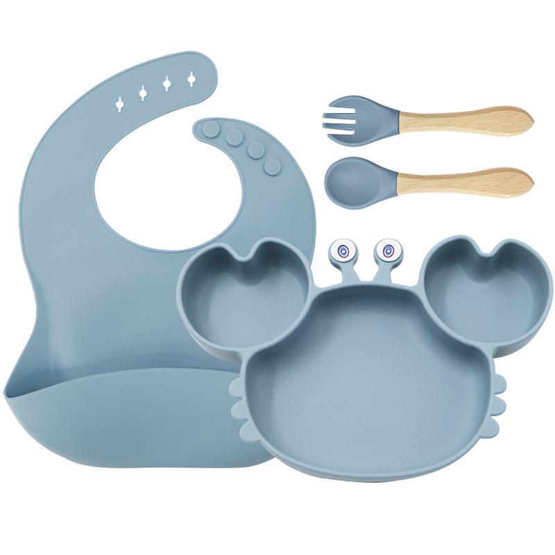 Crab-Themed Silicone Tableware Set: 9-Piece Baby Feeding Kit with Meal Plate, Bowl, Spoon, and Fork