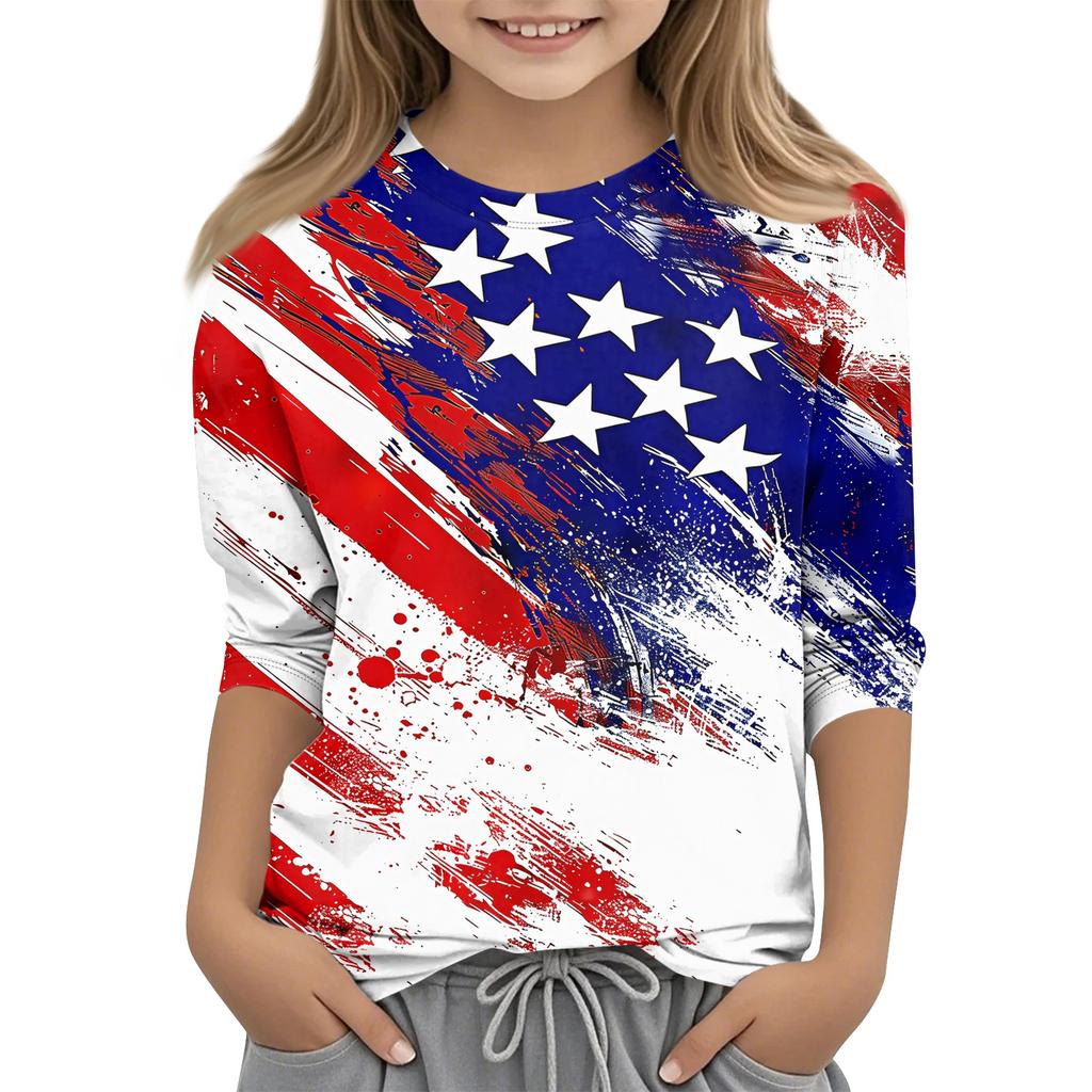 Dětské topy s 3/4 rukávem Tričko s potiskem pro volný čas, pulovrová halenka s kulatým výstřihem